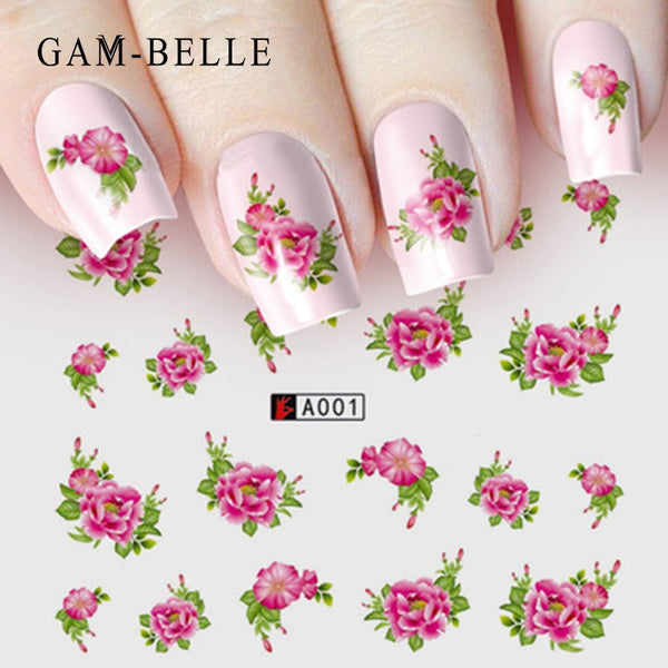 GAM-BELLE 1 Sheet DIY Flower Slider Water Transfer Sticker Nail Art Pink Rose Flower Decals Women Beauty Makeup Wraps Nail Decor