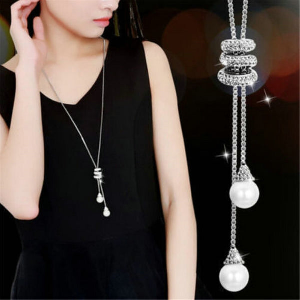 2020 NEW High Quality Fashion Metal Long Tassel Rhinestone Crystal Pearl Long Chain Necklace Sweater Patry Necklace Jewelry