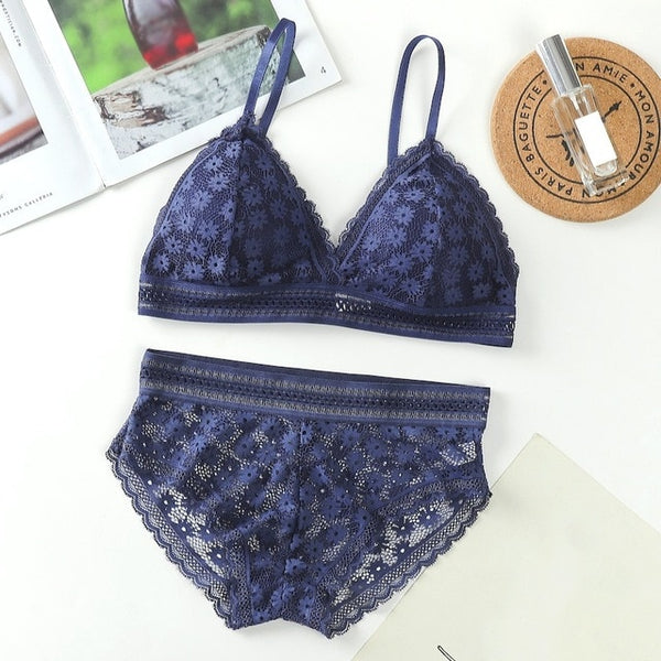 Women Lace Sets Sports Bra Ultrathin Panties Beauty Back Wrapped Chest Brassiere Lingerie Stretch Triangle Cup Padded Underwear