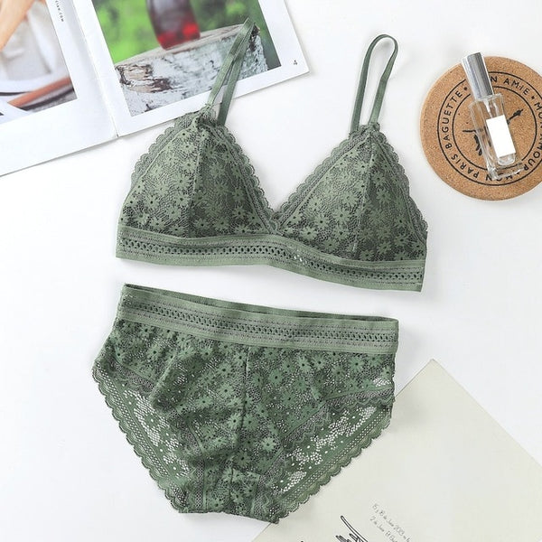 Women Lace Sets Sports Bra Ultrathin Panties Beauty Back Wrapped Chest Brassiere Lingerie Stretch Triangle Cup Padded Underwear