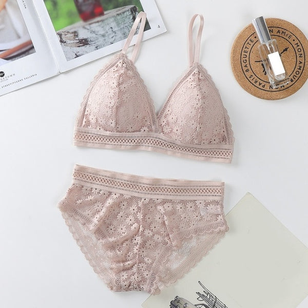 Women Lace Sets Sports Bra Ultrathin Panties Beauty Back Wrapped Chest Brassiere Lingerie Stretch Triangle Cup Padded Underwear