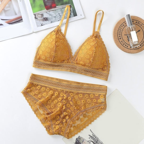 Women Lace Sets Sports Bra Ultrathin Panties Beauty Back Wrapped Chest Brassiere Lingerie Stretch Triangle Cup Padded Underwear