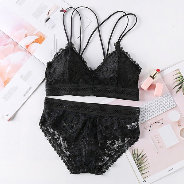 Women Lace Sets Sports Bra Ultrathin Panties Beauty Back Wrapped Chest Brassiere Lingerie Stretch Triangle Cup Padded Underwear