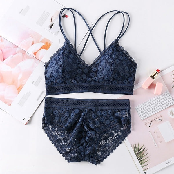 Women Lace Sets Sports Bra Ultrathin Panties Beauty Back Wrapped Chest Brassiere Lingerie Stretch Triangle Cup Padded Underwear
