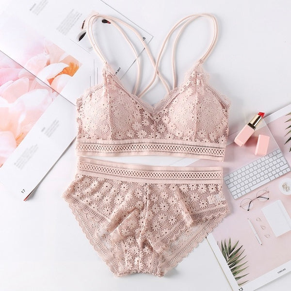 Women Lace Sets Sports Bra Ultrathin Panties Beauty Back Wrapped Chest Brassiere Lingerie Stretch Triangle Cup Padded Underwear