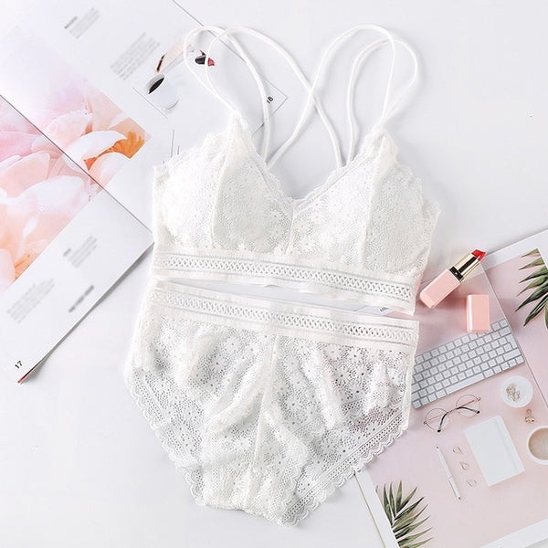 Women Lace Sets Sports Bra Ultrathin Panties Beauty Back Wrapped Chest Brassiere Lingerie Stretch Triangle Cup Padded Underwear