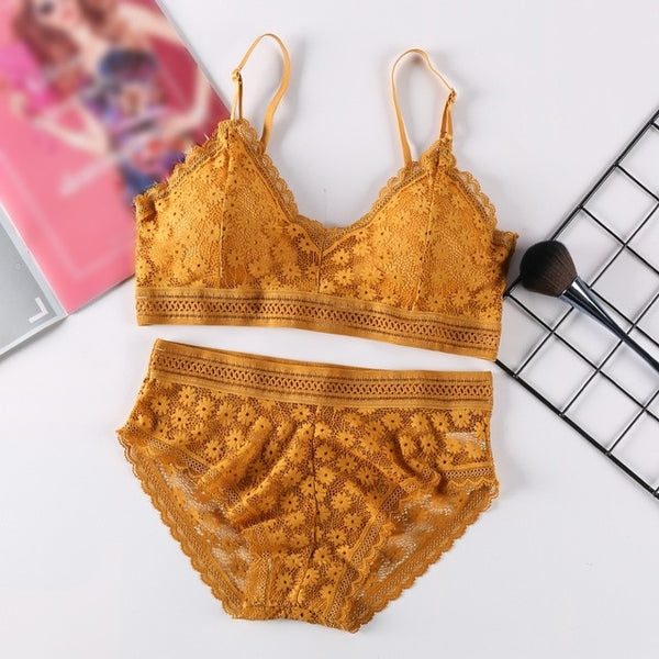 Women Lace Sets Sports Bra Ultrathin Panties Beauty Back Wrapped Chest Brassiere Lingerie Stretch Triangle Cup Padded Underwear