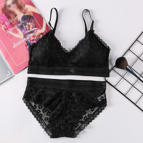 Women Lace Sets Sports Bra Ultrathin Panties Beauty Back Wrapped Chest Brassiere Lingerie Stretch Triangle Cup Padded Underwear
