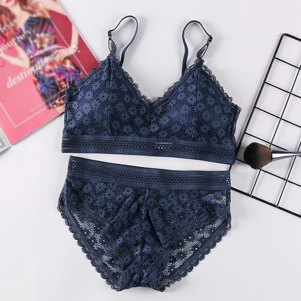 Women Lace Sets Sports Bra Ultrathin Panties Beauty Back Wrapped Chest Brassiere Lingerie Stretch Triangle Cup Padded Underwear