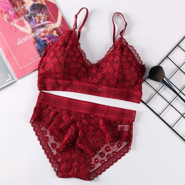 Women Lace Sets Sports Bra Ultrathin Panties Beauty Back Wrapped Chest Brassiere Lingerie Stretch Triangle Cup Padded Underwear