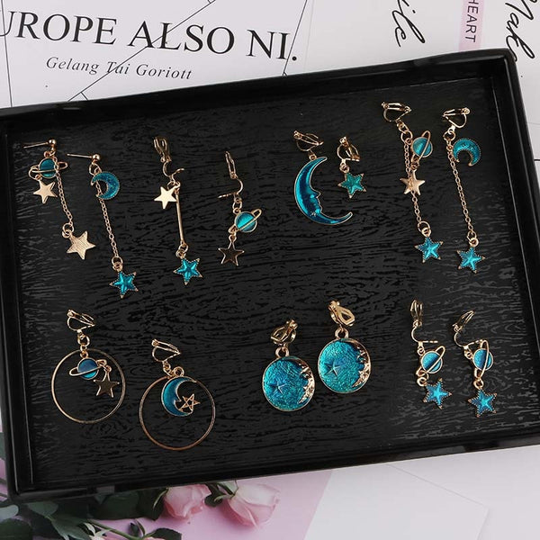 Korea Style Asymmetrical Fresh Enamel blue Star Moon Planet Circle Clip on Earrings Non Pierced For Girl Women Party Gift