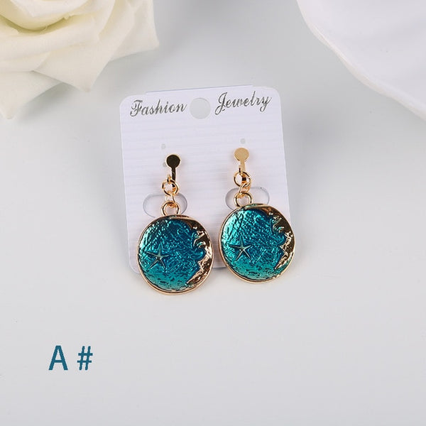 Korea Style Asymmetrical Fresh Enamel blue Star Moon Planet Circle Clip on Earrings Non Pierced For Girl Women Party Gift