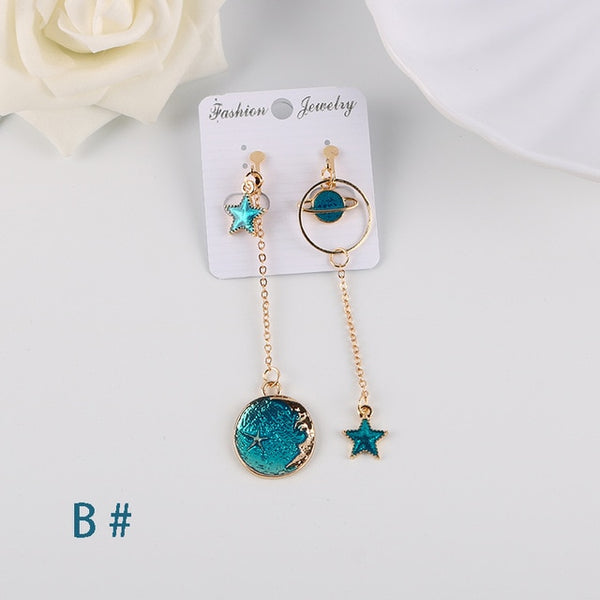 Korea Style Asymmetrical Fresh Enamel blue Star Moon Planet Circle Clip on Earrings Non Pierced For Girl Women Party Gift