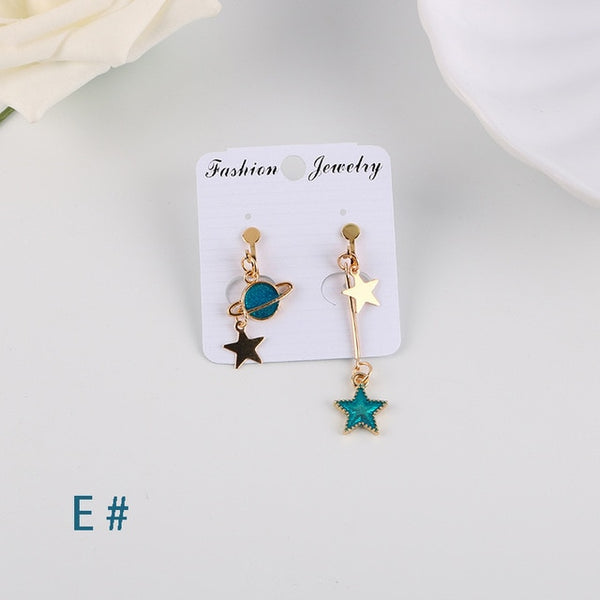 Korea Style Asymmetrical Fresh Enamel blue Star Moon Planet Circle Clip on Earrings Non Pierced For Girl Women Party Gift