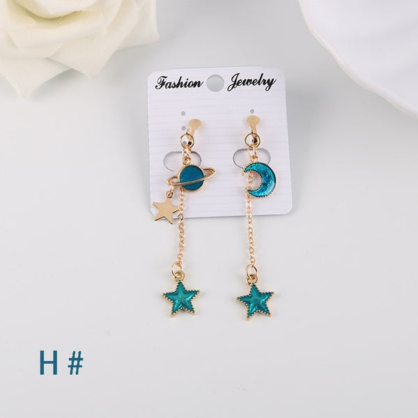 Korea Style Asymmetrical Fresh Enamel blue Star Moon Planet Circle Clip on Earrings Non Pierced For Girl Women Party Gift