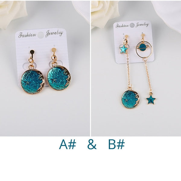 Korea Style Asymmetrical Fresh Enamel blue Star Moon Planet Circle Clip on Earrings Non Pierced For Girl Women Party Gift