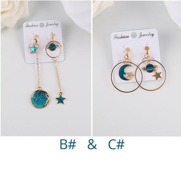 Korea Style Asymmetrical Fresh Enamel blue Star Moon Planet Circle Clip on Earrings Non Pierced For Girl Women Party Gift