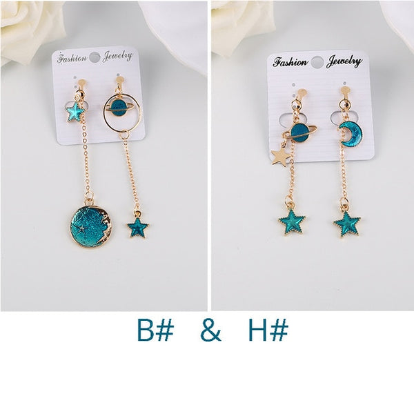 Korea Style Asymmetrical Fresh Enamel blue Star Moon Planet Circle Clip on Earrings Non Pierced For Girl Women Party Gift