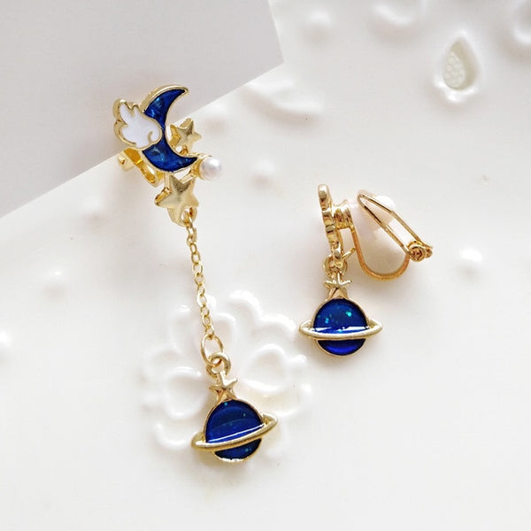 Korea Style Asymmetrical Fresh Enamel blue Star Moon Planet Circle Clip on Earrings Non Pierced For Girl Women Party Gift