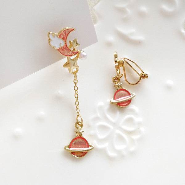 Korea Style Asymmetrical Fresh Enamel blue Star Moon Planet Circle Clip on Earrings Non Pierced For Girl Women Party Gift