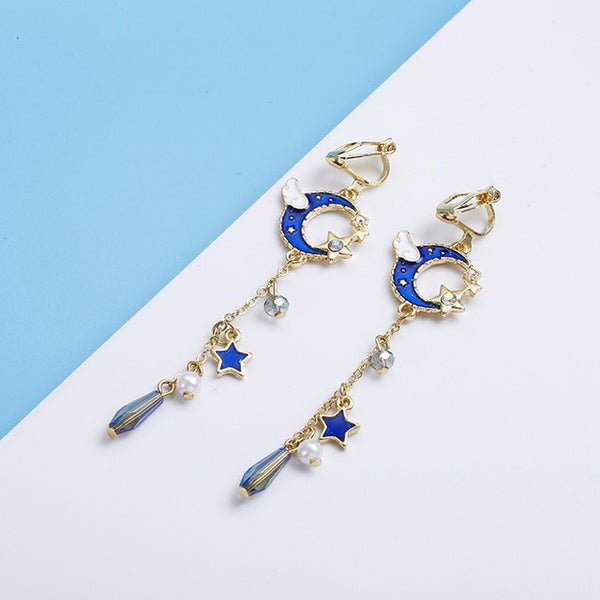 Korea Style Asymmetrical Fresh Enamel blue Star Moon Planet Circle Clip on Earrings Non Pierced For Girl Women Party Gift