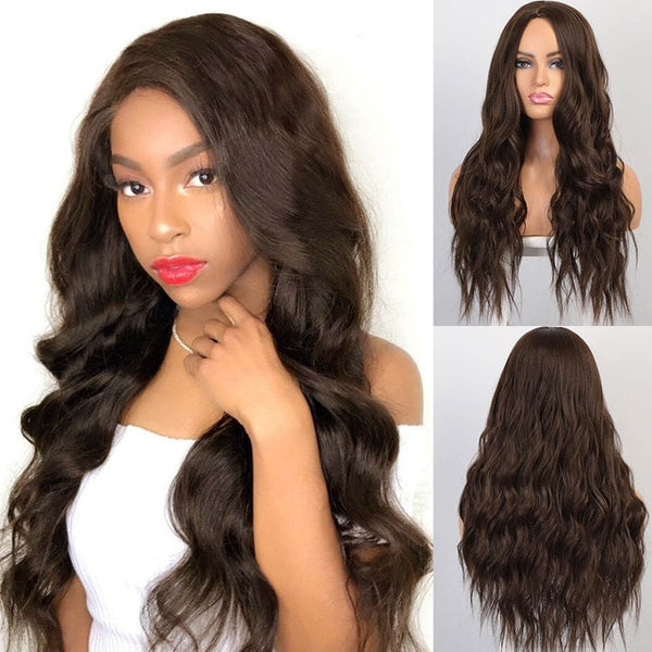 AISI BEAUTY Long Wavy Womens Wig Natural Part Side Hair Ombre Synthetic Wigs Platinum/Blonde/Black Wigs Heat Resistant for Women