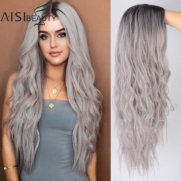 AISI BEAUTY Long Wavy Womens Wig Natural Part Side Hair Ombre Synthetic Wigs Platinum/Blonde/Black Wigs Heat Resistant for Women