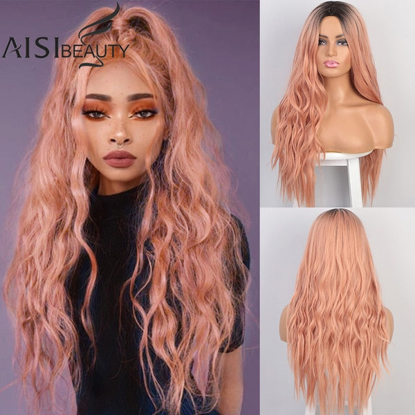 AISI BEAUTY Long Wavy Womens Wig Natural Part Side Hair Ombre Synthetic Wigs Platinum/Blonde/Black Wigs Heat Resistant for Women
