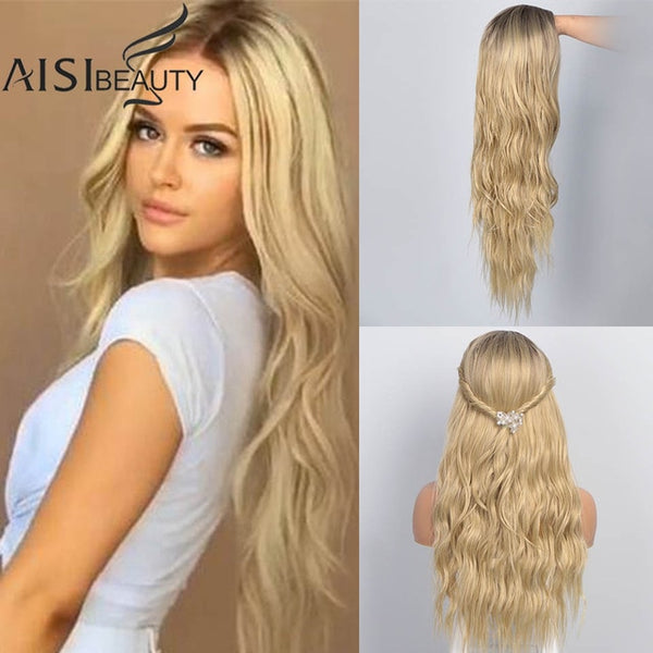 AISI BEAUTY Long Wavy Womens Wig Natural Part Side Hair Ombre Synthetic Wigs Platinum/Blonde/Black Wigs Heat Resistant for Women