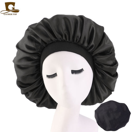 New Women Big Size Beauty print Satin Silk Bonnet Sleep Night Cap Head Cover Bonnet Hat for For Curly Springy Hair Black