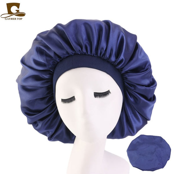 New Women Big Size Beauty print Satin Silk Bonnet Sleep Night Cap Head Cover Bonnet Hat for For Curly Springy Hair Black