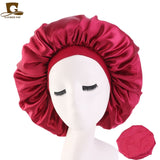 New Women Big Size Beauty print Satin Silk Bonnet Sleep Night Cap Head Cover Bonnet Hat for For Curly Springy Hair Black