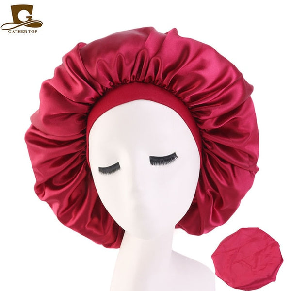 New Women Big Size Beauty print Satin Silk Bonnet Sleep Night Cap Head Cover Bonnet Hat for For Curly Springy Hair Black