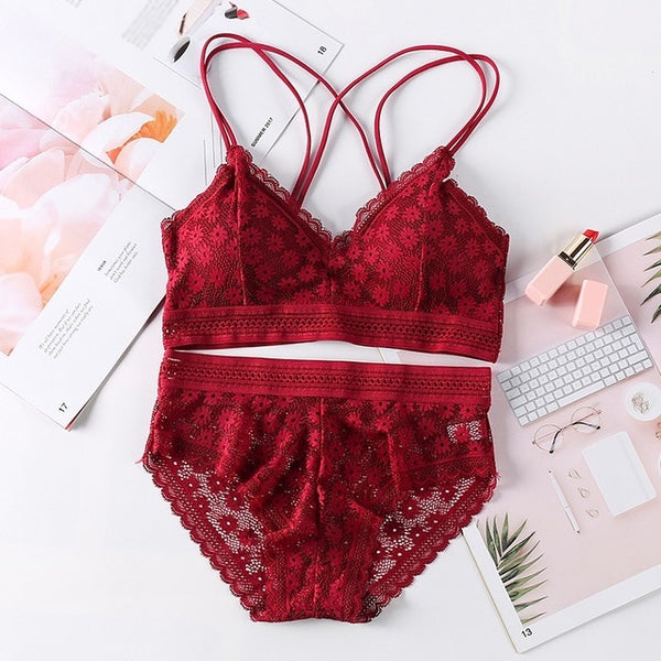 Women Lace Sets Sports Bra Ultrathin Panties Beauty Back Wrapped Chest Brassiere Lingerie Stretch Triangle Cup Padded Underwear