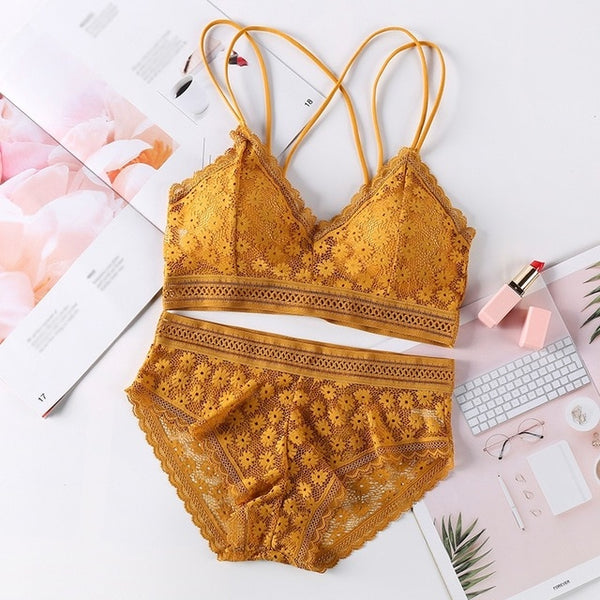 Women Lace Sets Sports Bra Ultrathin Panties Beauty Back Wrapped Chest Brassiere Lingerie Stretch Triangle Cup Padded Underwear