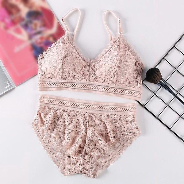 Women Lace Sets Sports Bra Ultrathin Panties Beauty Back Wrapped Chest Brassiere Lingerie Stretch Triangle Cup Padded Underwear