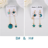 Korea Style Asymmetrical Fresh Enamel blue Star Moon Planet  Circle Clip on Earrings Non Pierced For Girl Women Party Gift