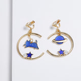 Korea Style Asymmetrical Fresh Enamel blue Star Moon Planet  Circle Clip on Earrings Non Pierced For Girl Women Party Gift