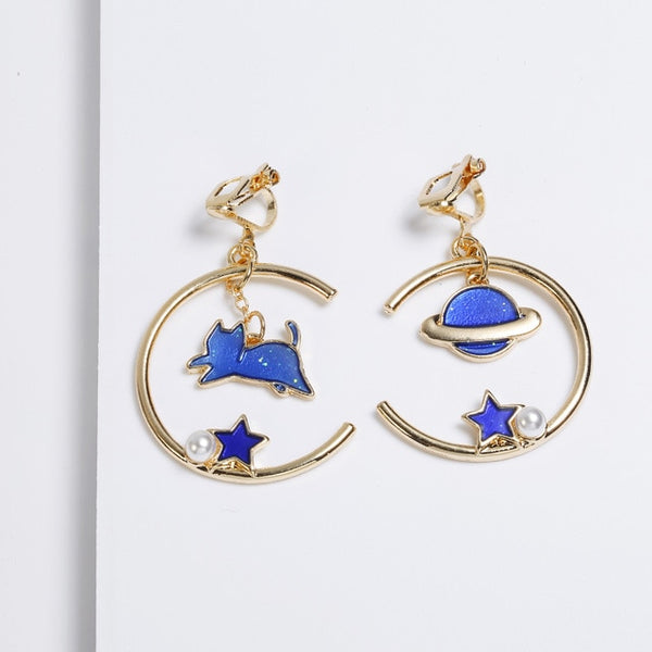 Korea Style Asymmetrical Fresh Enamel blue Star Moon Planet  Circle Clip on Earrings Non Pierced For Girl Women Party Gift