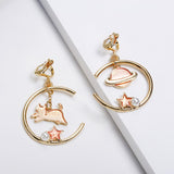 Korea Style Asymmetrical Fresh Enamel blue Star Moon Planet  Circle Clip on Earrings Non Pierced For Girl Women Party Gift