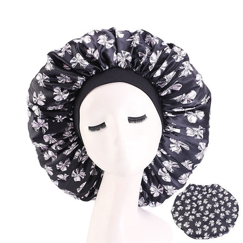 New Women Big Size Beauty print Satin Silk Bonnet Sleep Night Cap Head Cover Bonnet Hat for For Curly Springy Hair Black